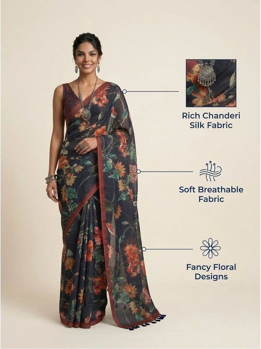 Anouk Women Floral Printed Silk Blend Saree thumbnail 3