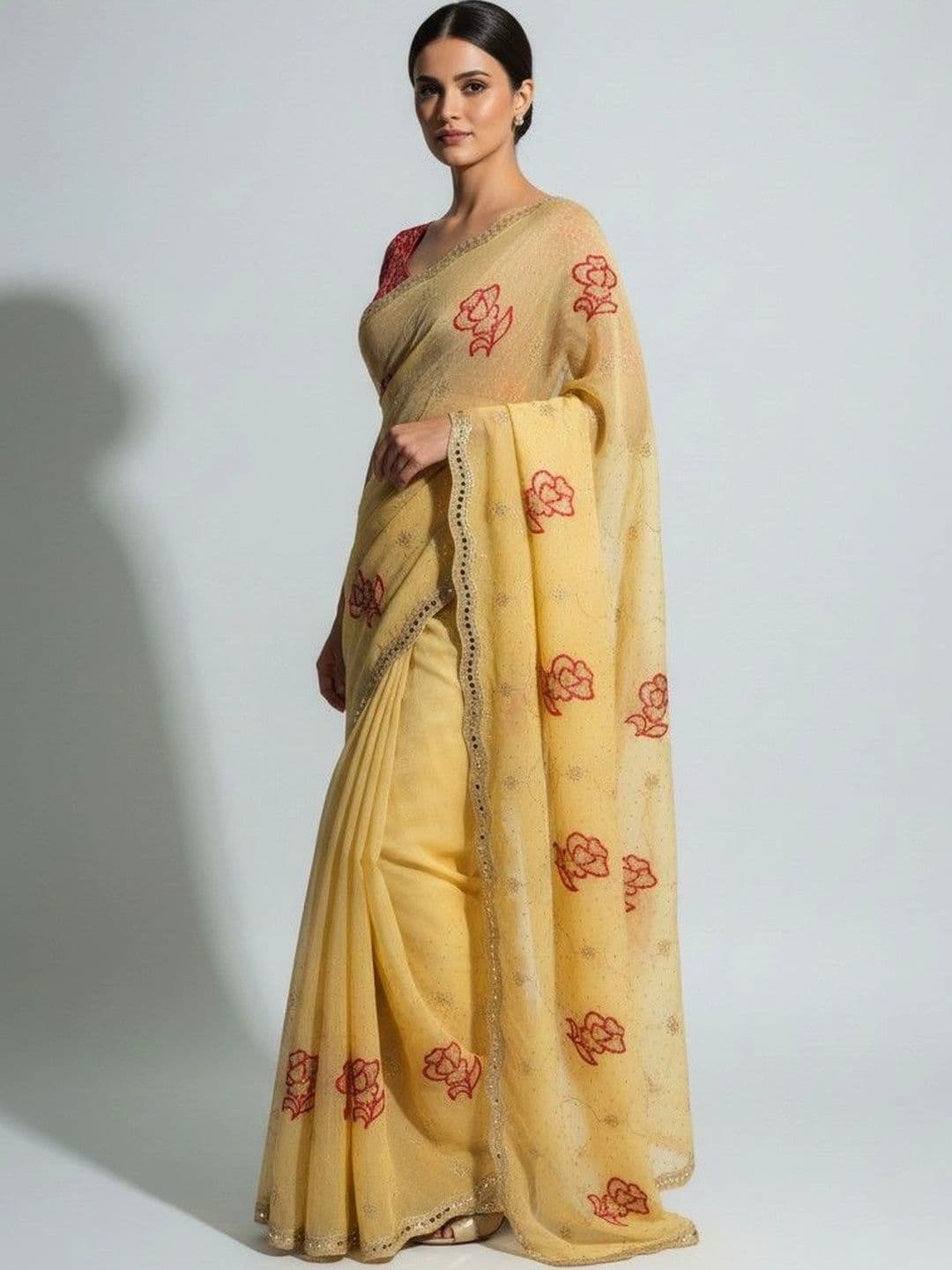 SmileyFashion Floral Embroidered Poly Georgette Saree thumbnail 5