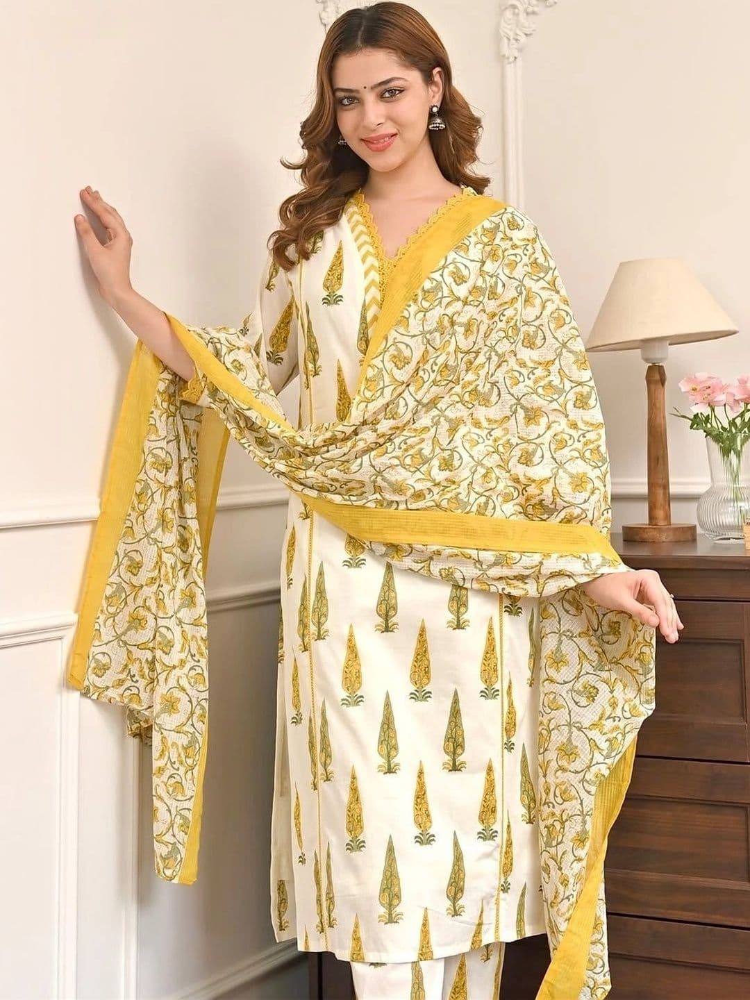 HERE&NOW Women Ethnic Motifs Printed Regular Pure Cotton Kurta with Trousers & With Dupatta thumbnail 4