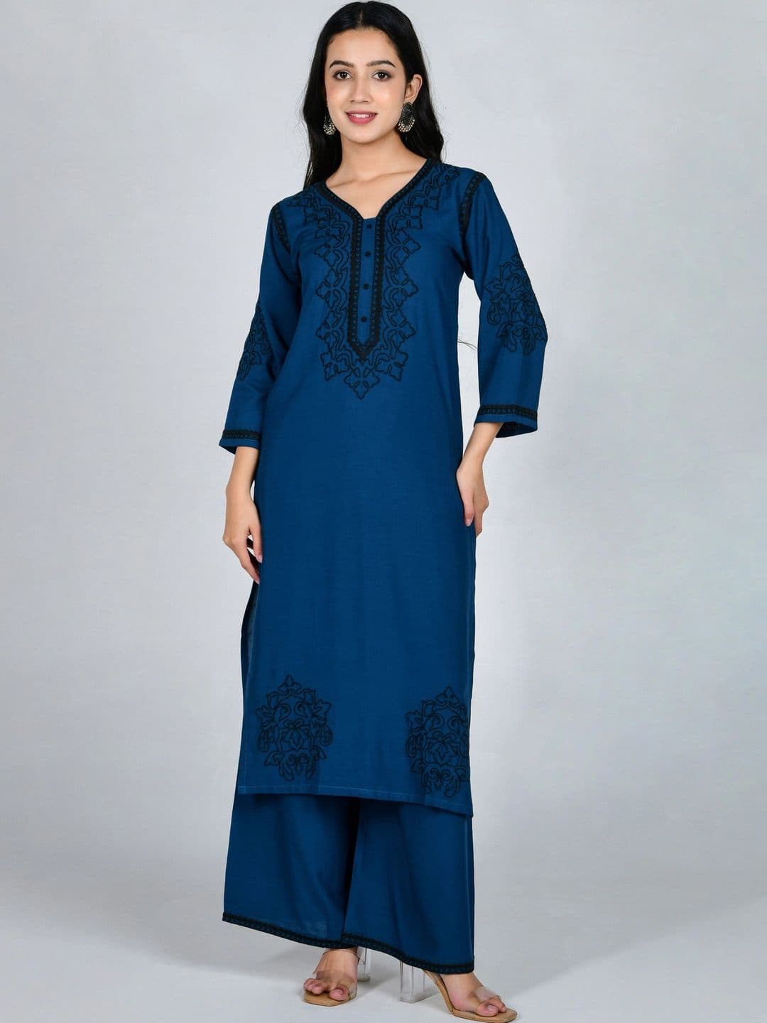 YOJINI Women Ethnic Motifs Embroidered Regular Thread Work Kurta with Palazzos thumbnail 5