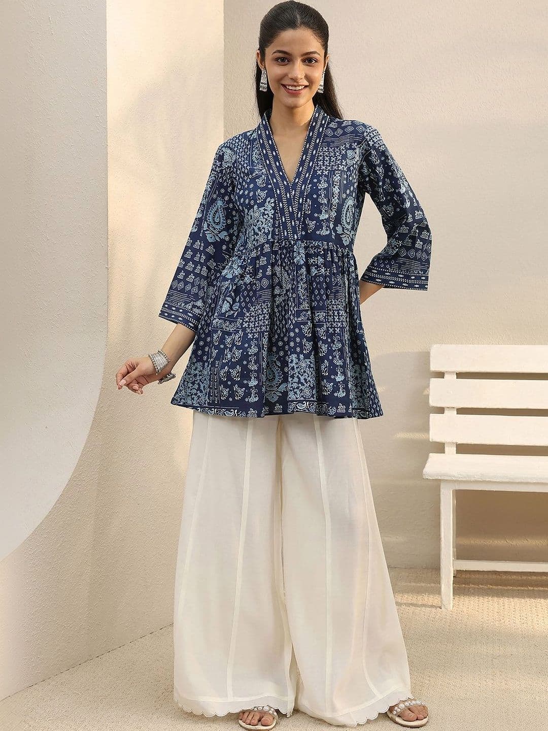 Libas Blue Ethnic Printed Cotton A-Line Short Kurti thumbnail 6