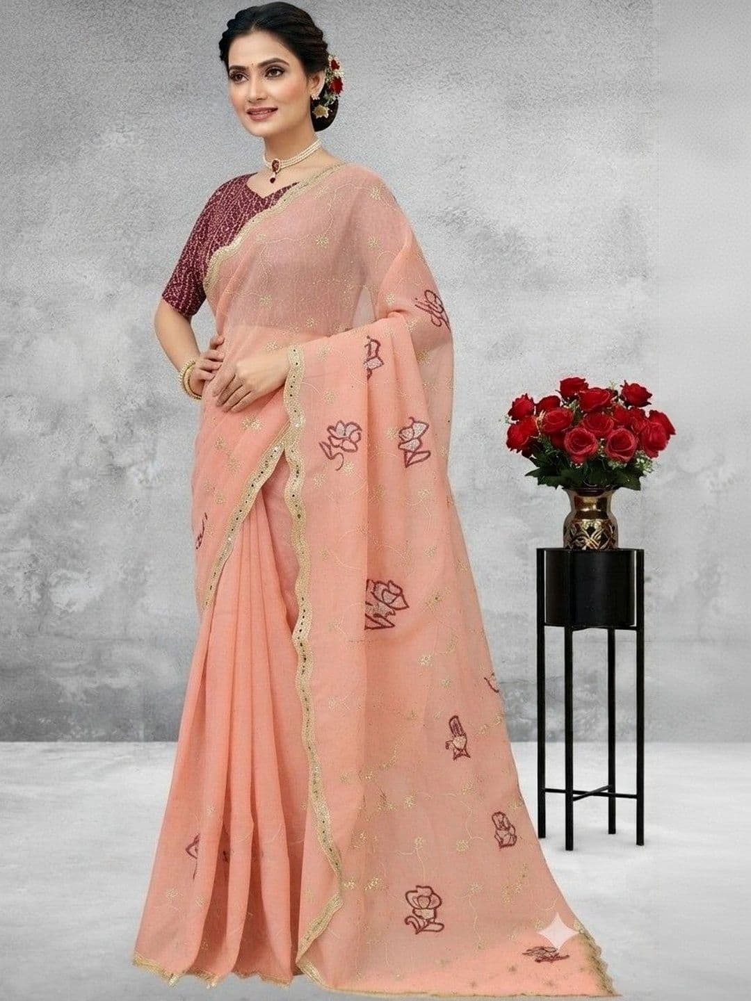 SmileyFashion Floral Embroidered Poly Georgette Saree thumbnail 6