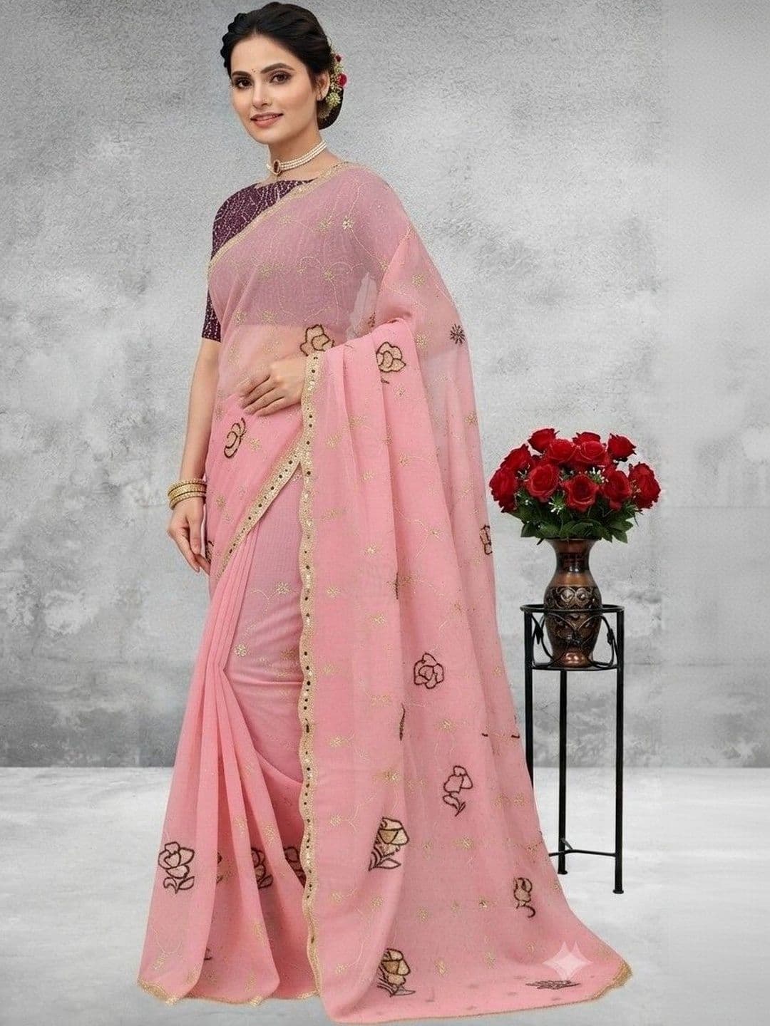 SmileyFashion Floral Embroidered Poly Georgette Saree thumbnail 4