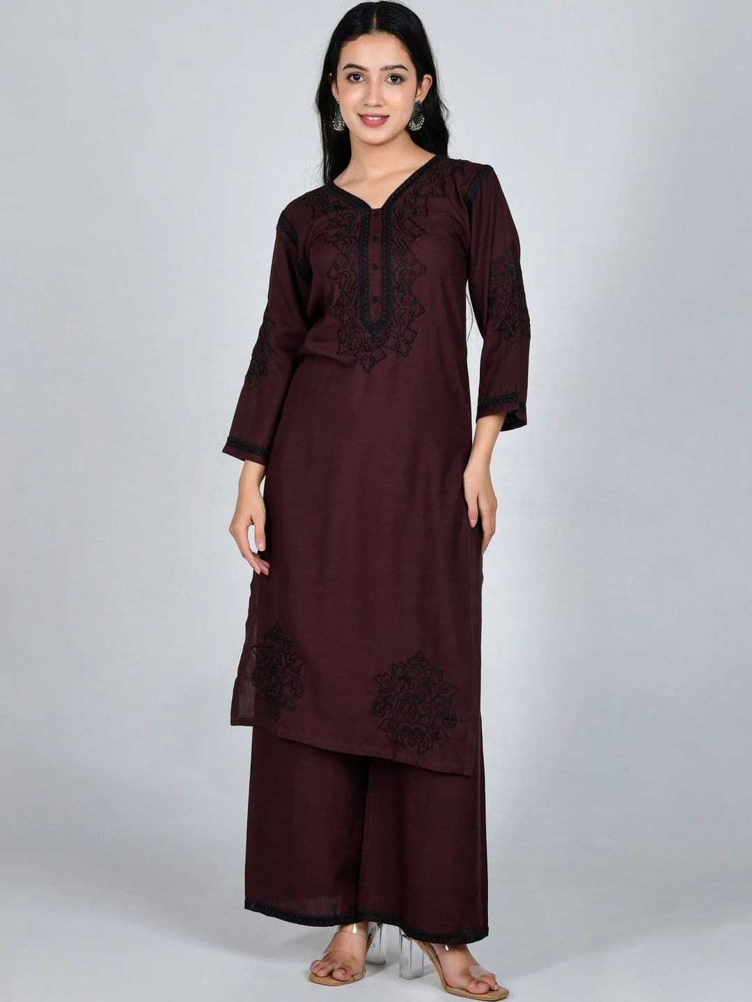 YOJINI Women Ethnic Motifs Embroidered Regular Thread Work Kurta with Palazzos thumbnail 2