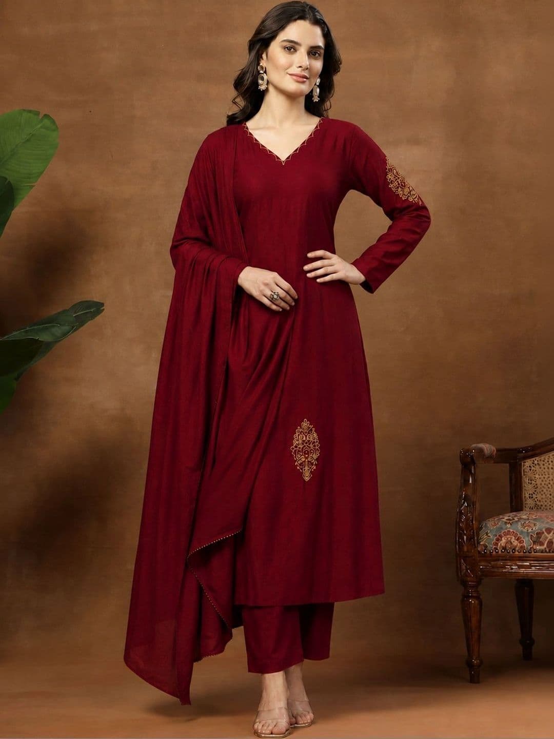 Sangria Women Ethnic Motifs Embroidered Thread Work Kurta with Trousers & With Dupatta - view 1