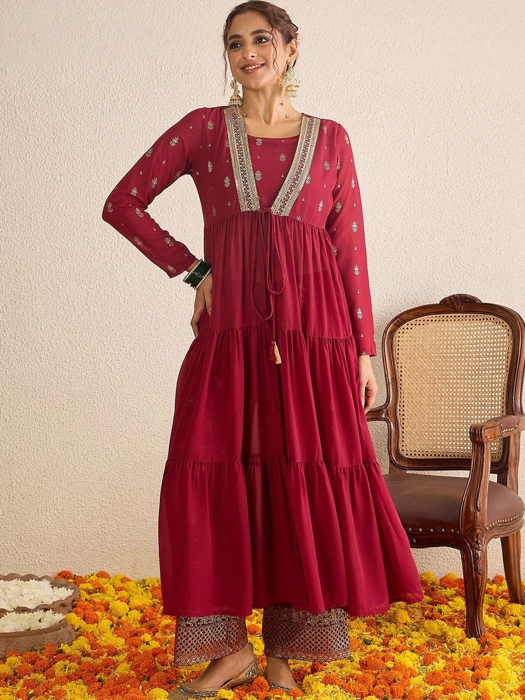 Janasya Women Maroon Georgette Embellished Gold Printed Front-Open Tiered Kurta Pant Set thumbnail 4