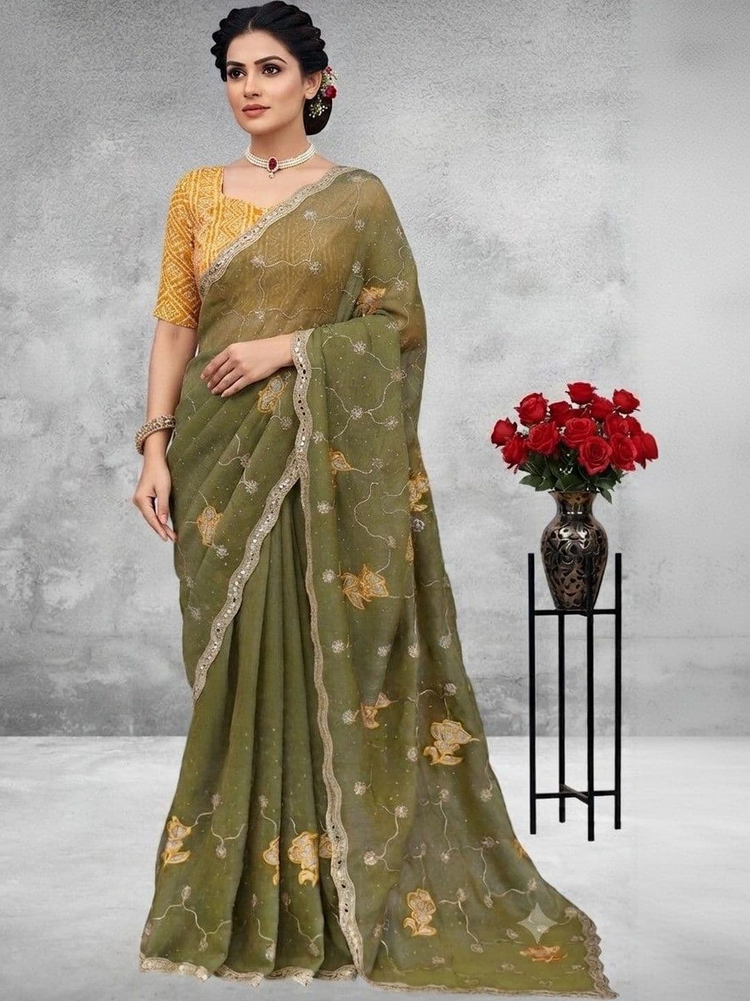 SmileyFashion Floral Embroidered Poly Georgette Saree - view 1