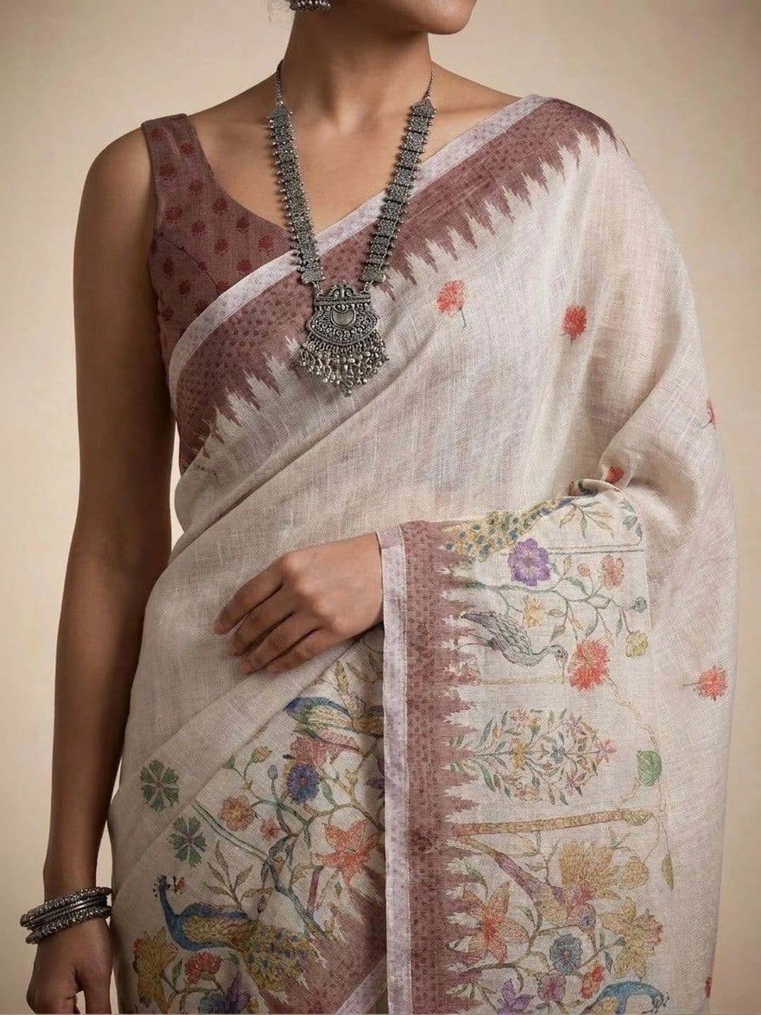 Anouk Floral Linen Blend Jamdani Saree thumbnail 2