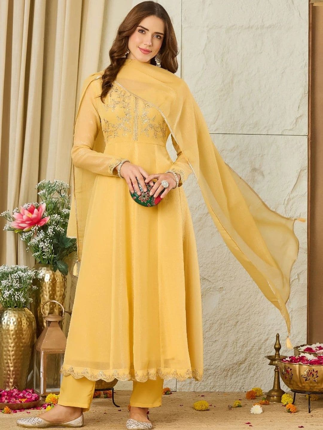 MOKOSH Women Ethnic Motifs Embroidered Empire Sequinned Pure Silk Kurta with Trousers & With Dupatta - view 1