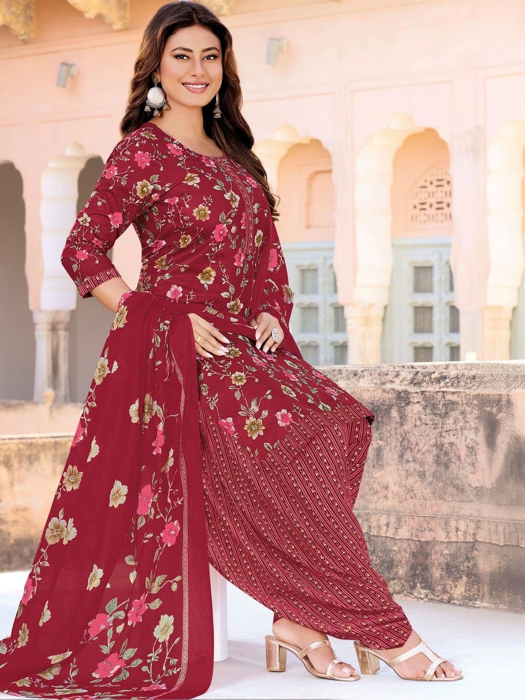 shree jeenmata collection Women Floral Printed Regular Pure Cotton Kurta with Patiala & With Dupatta - view 1