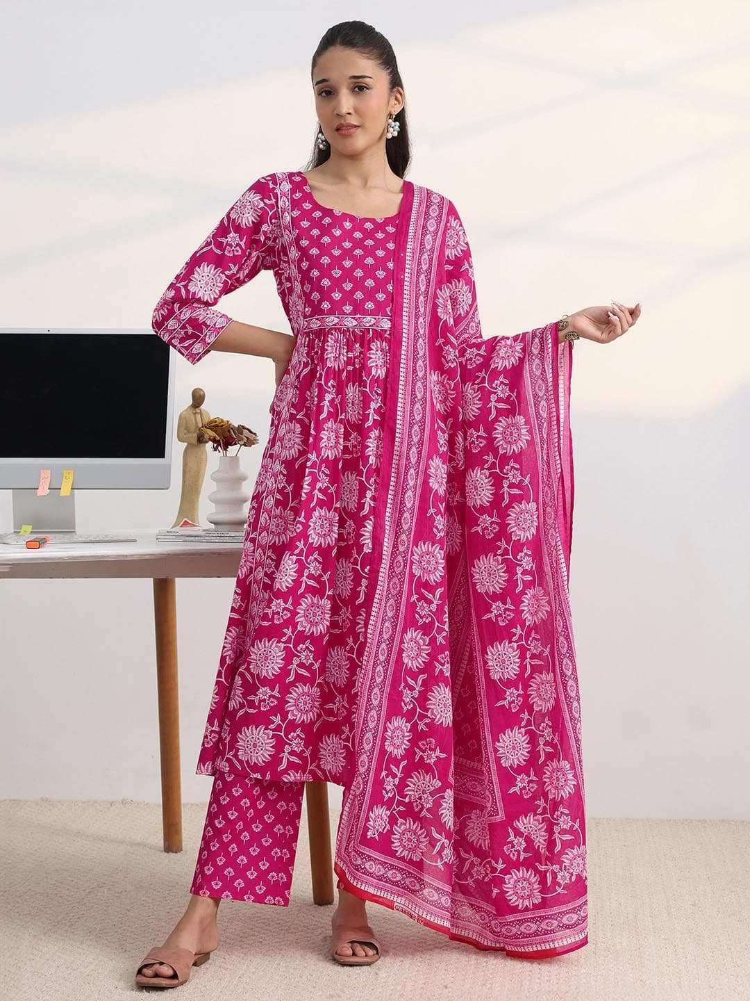 Gerua By Libas Libas Fuchsia Pink Floral Print A-Line Suit Set with Dupatta thumbnail 6