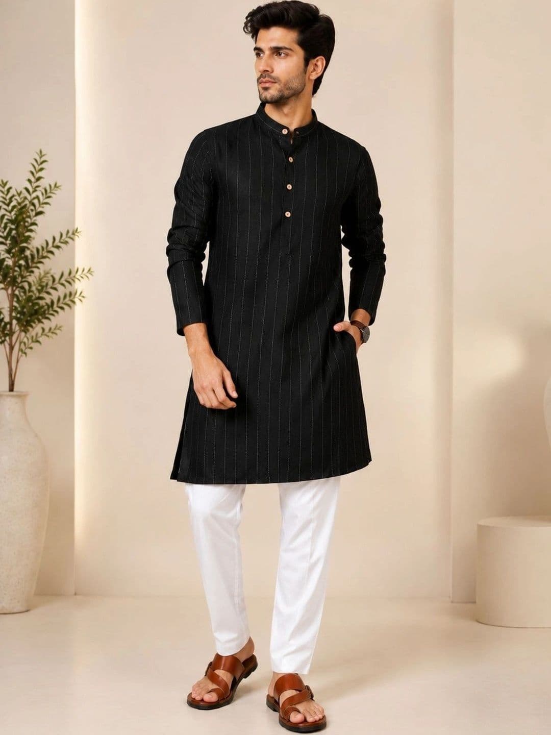 ORIFAB Men Striped Kurta thumbnail 2