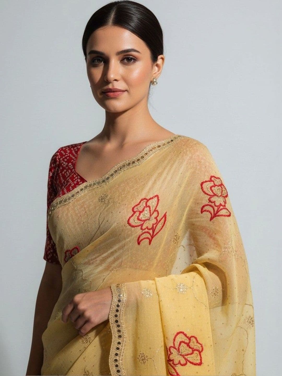 SmileyFashion Women Floral Printed Poly Georgette Saree thumbnail 5