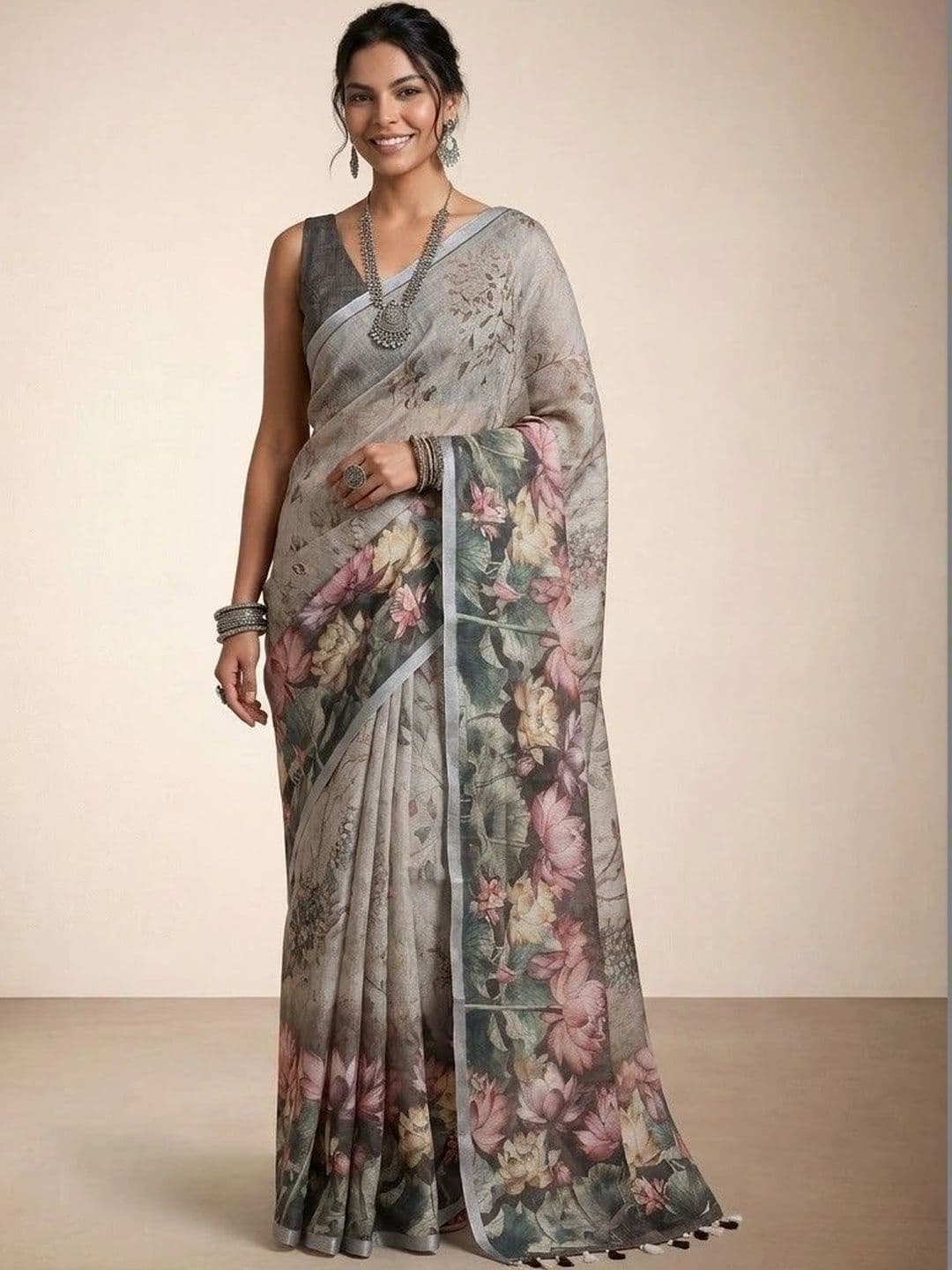 Anouk Floral Linen Blend Saree - view 1