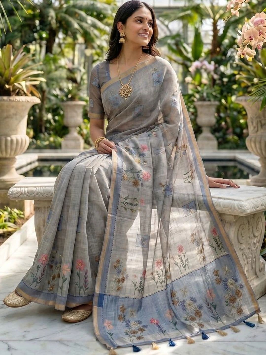 OLIVE SAGE Floral Linen Blend Tussar Saree thumbnail 6