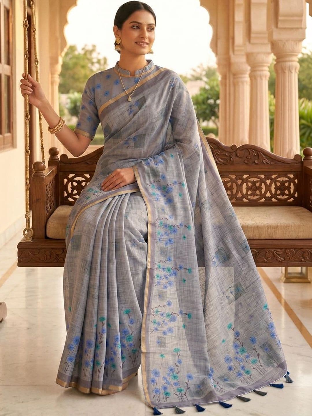 OLIVE SAGE Floral Linen Blend Tussar Saree - view 1