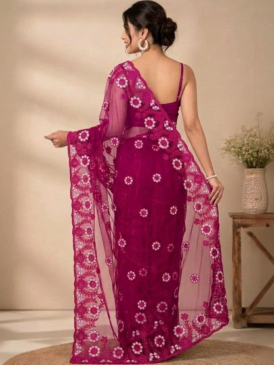 akhodalkrp Floral Embroidered Net Saree thumbnail 3