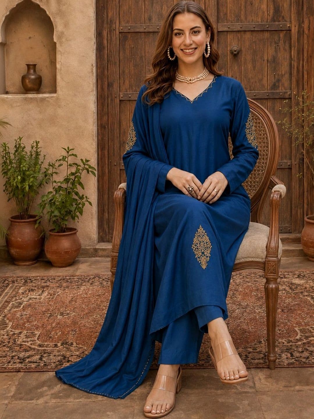 Sangria Women Ethnic Motifs Embroidered Kurta with Trousers & With Dupatta thumbnail 3