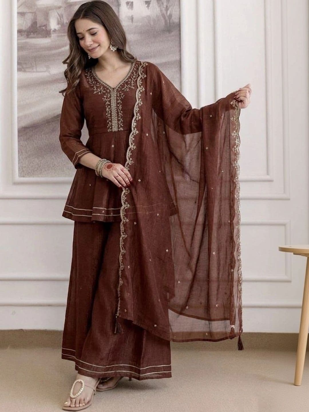 VIRJAT Women Ethnic Motifs Embroidered Empire Thread Work Kurta with Palazzos & With Dupatta - view 1