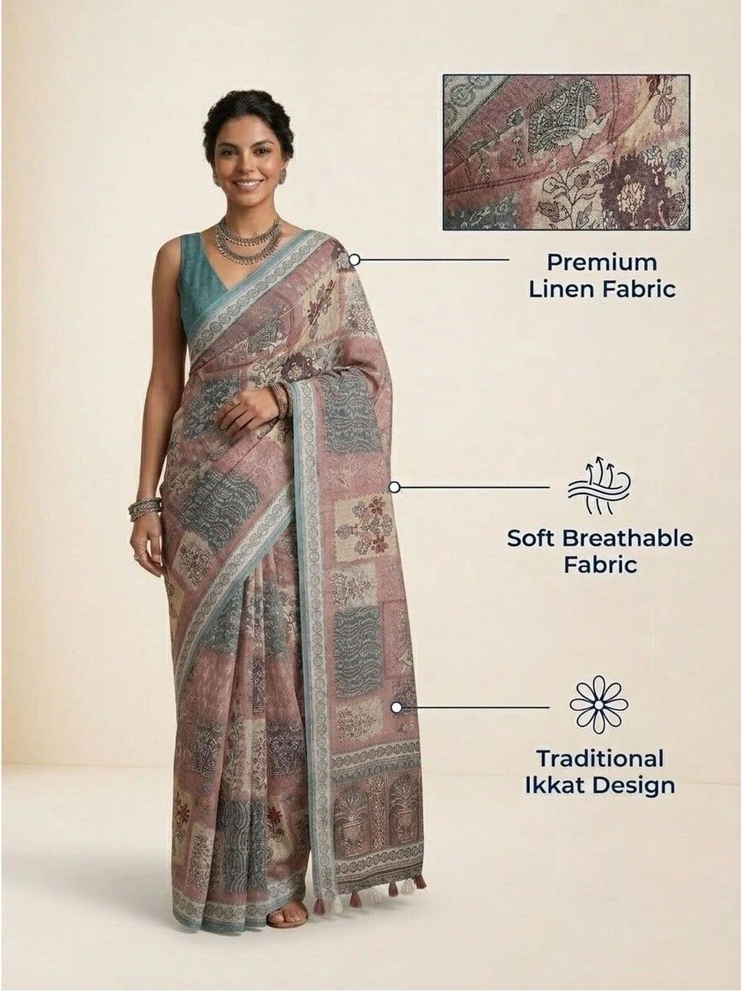 Anouk Pure Linen Ikat Saree thumbnail 4