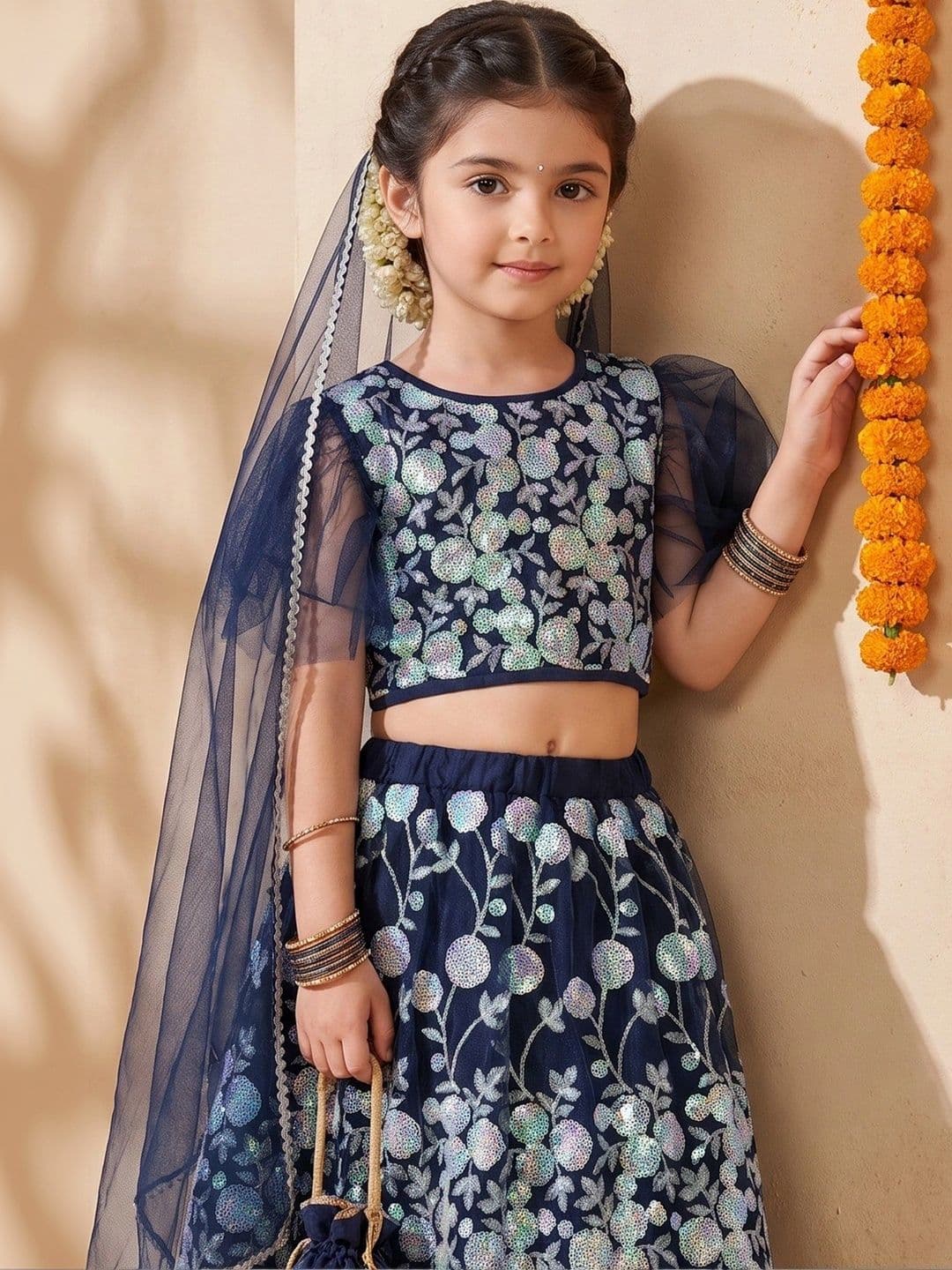 YK Girls Embellished Sequinned Ready to Wear Lehenga & Blouse With Dupatta thumbnail 4