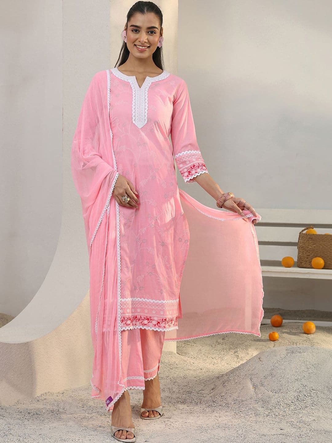 Libas Pink Floral Embroidered Cotton Straight Suit Set With Dupatta thumbnail 7