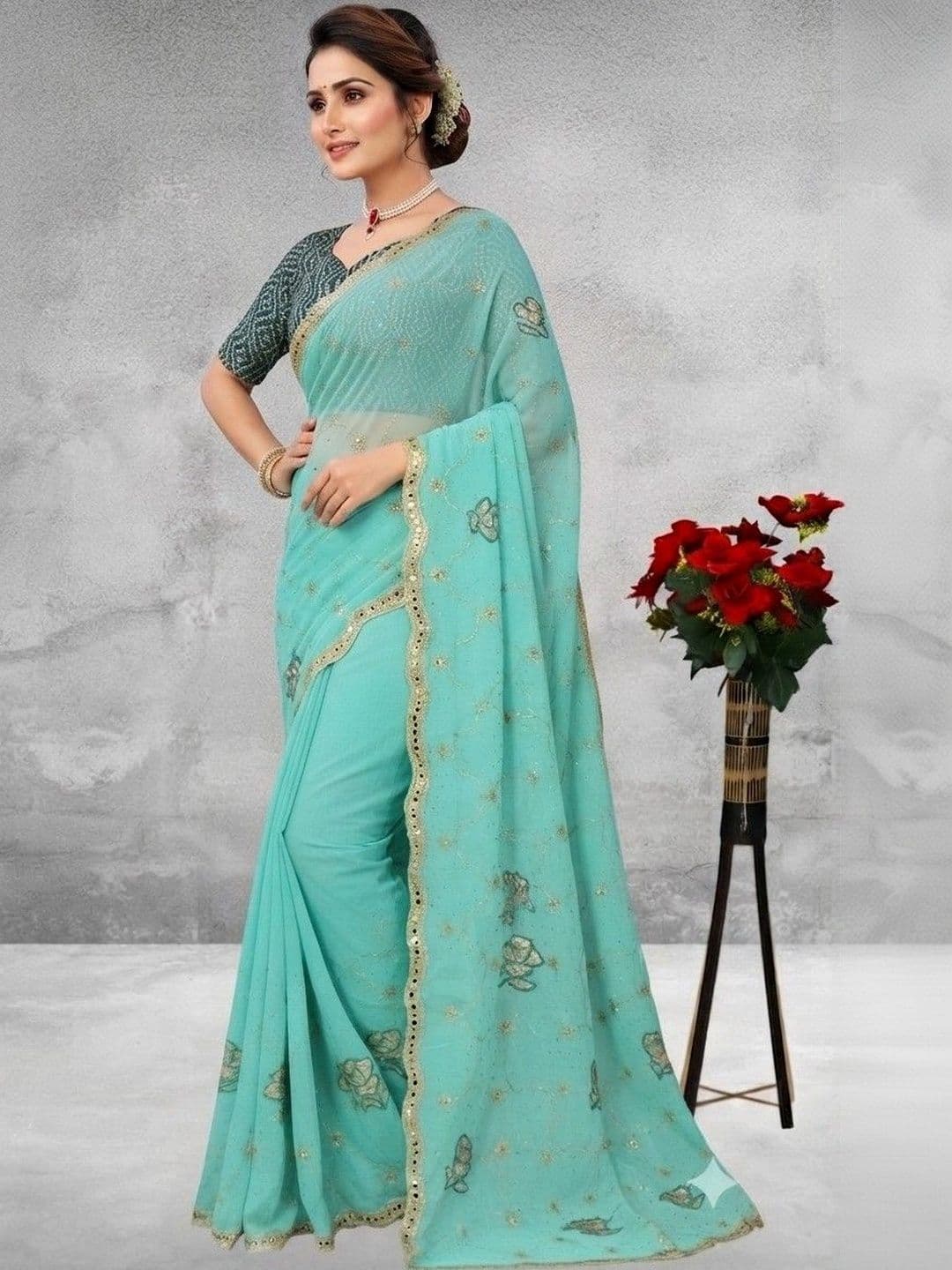 SmileyFashion Floral Embroidered Poly Georgette Saree thumbnail 4