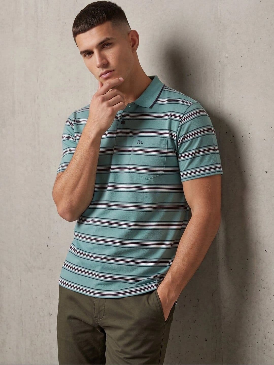 MALER Men Striped Polo Collar Pockets T-shirt thumbnail 2