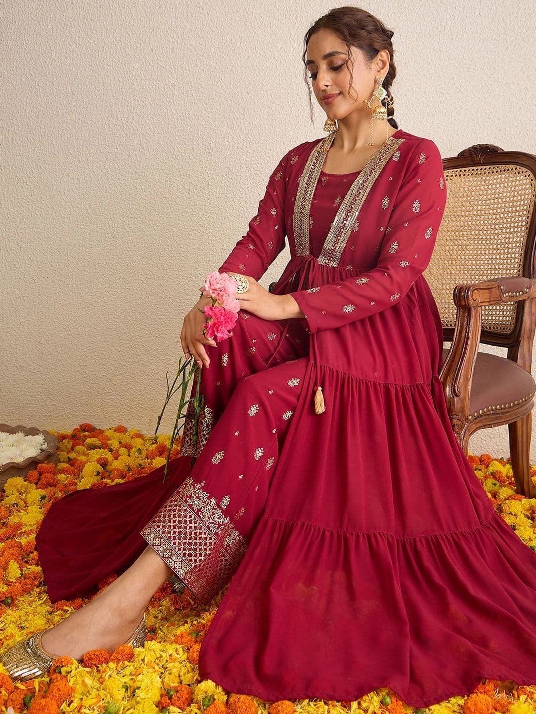 Janasya Women Maroon Georgette Embellished Gold Printed Front-Open Tiered Kurta Pant Set - view 1