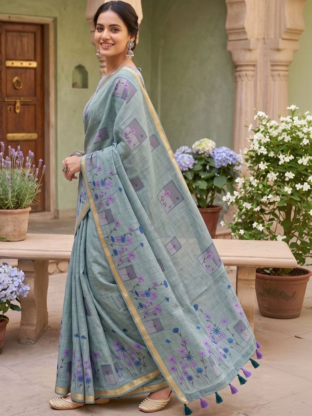 OLIVE SAGE Floral Linen Blend Tussar Saree thumbnail 2