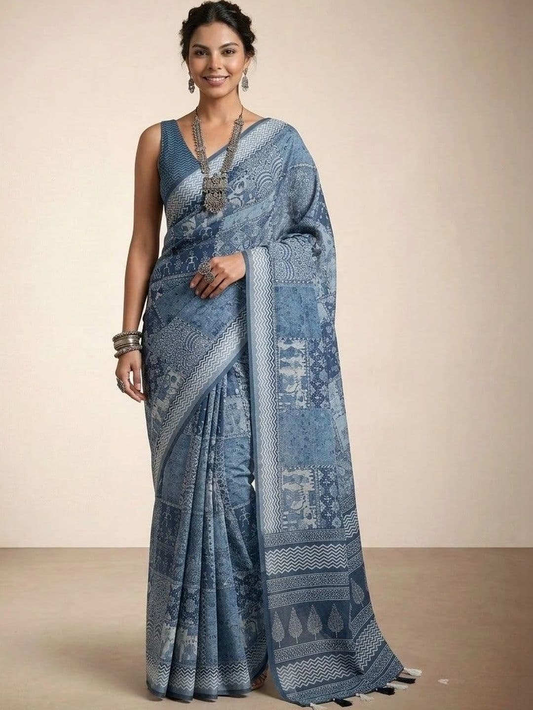 Anouk Ethnic Motifs Pure Linen Ikat Saree - view 1