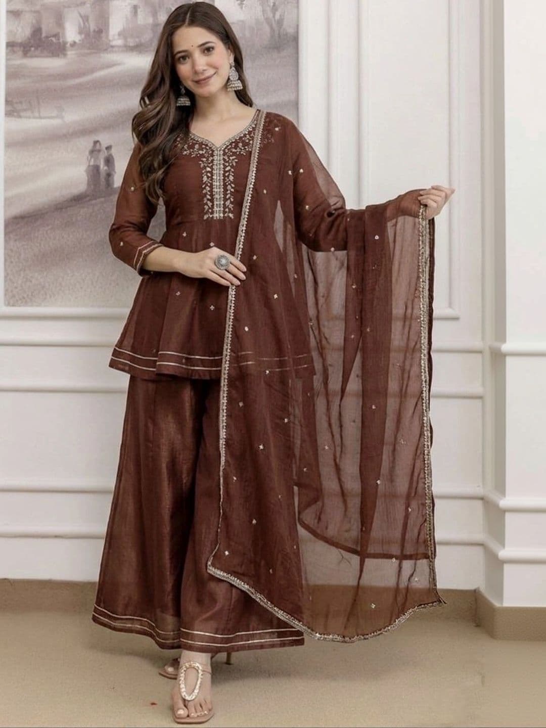 VIRJAT Women Ethnic Motifs Embroidered Empire Thread Work Kurta with Palazzos & With Dupatta thumbnail 4