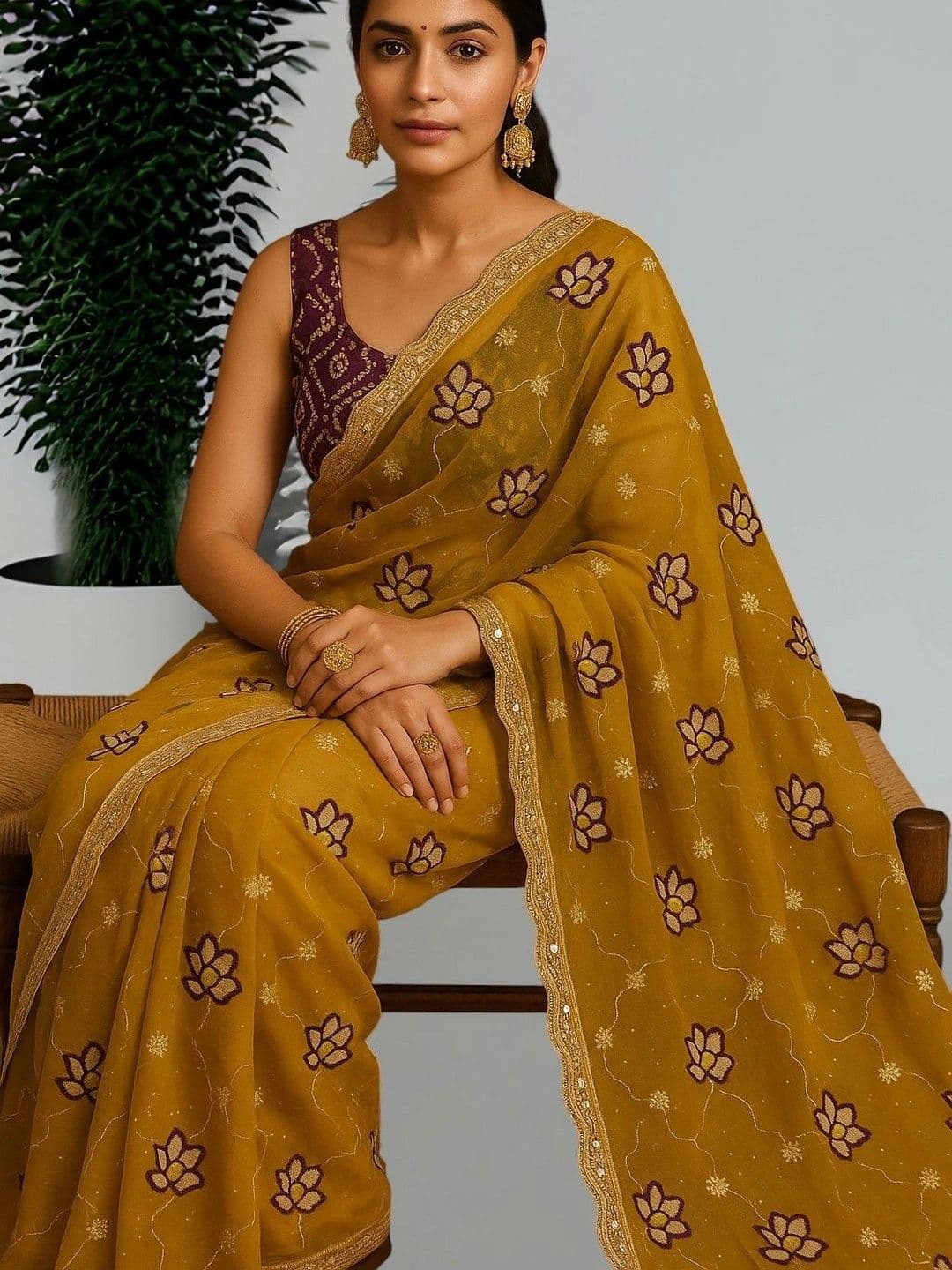 SmileyFashion Floral Embroidered Poly Georgette Saree - view 1