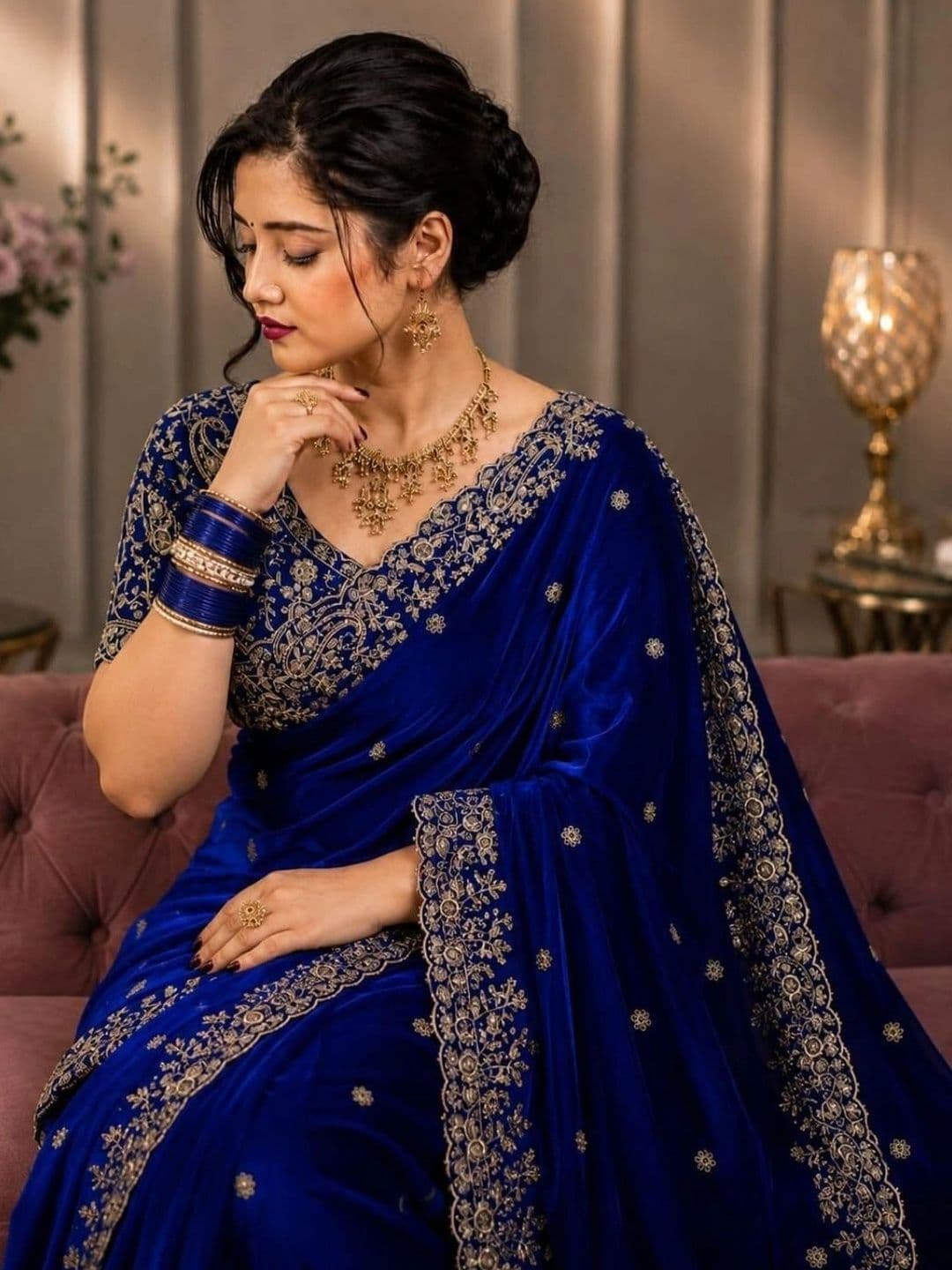 DHARMEE Ethnic Motifs Embroidered Satin Heavy Work Maheshwari Saree thumbnail 2
