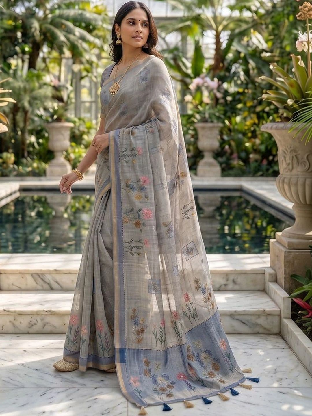 OLIVE SAGE Floral Linen Blend Tussar Saree thumbnail 4