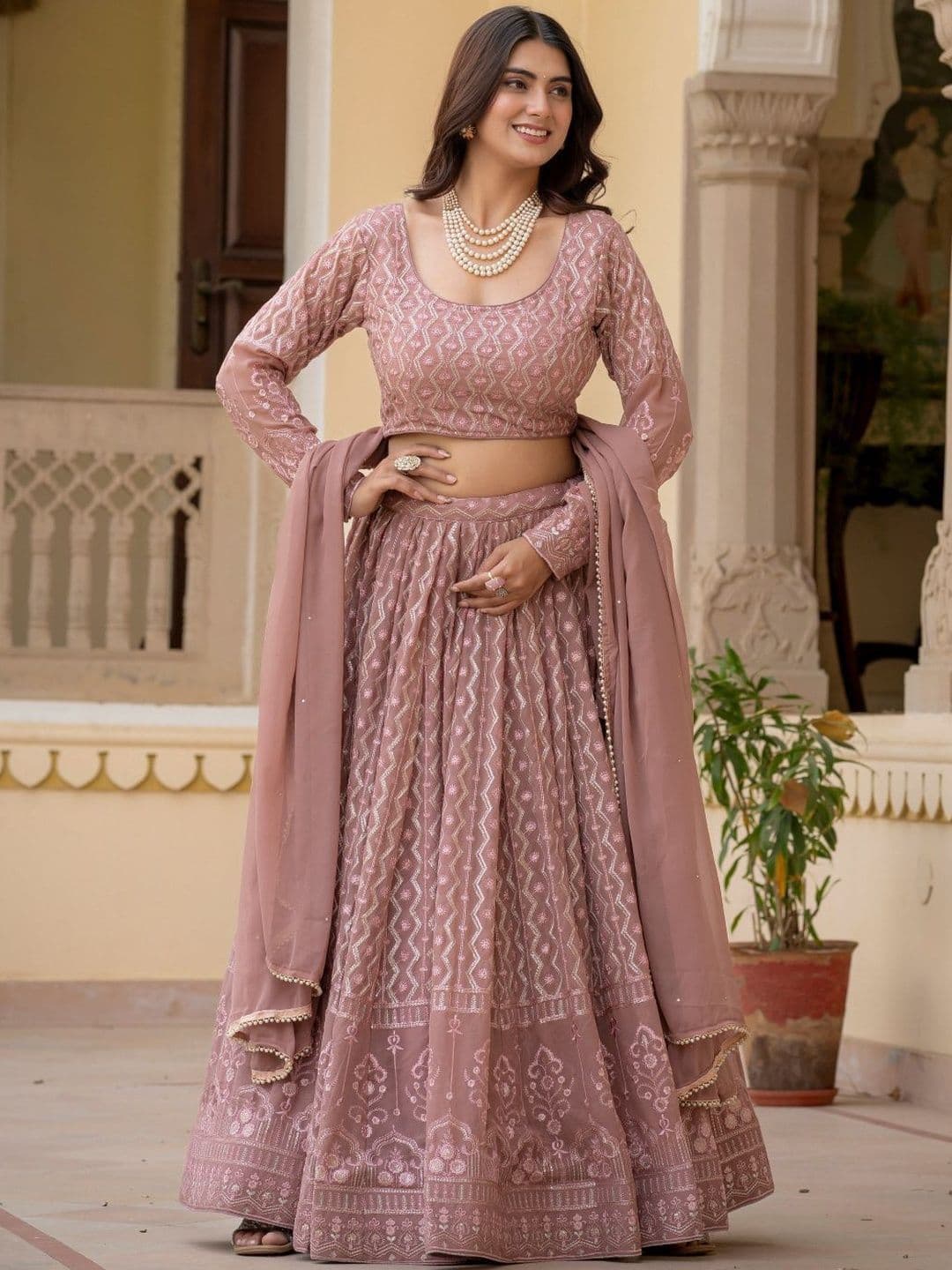 House of Pataudi Embroidered Round Neck Flared Lehenga Choli thumbnail 6