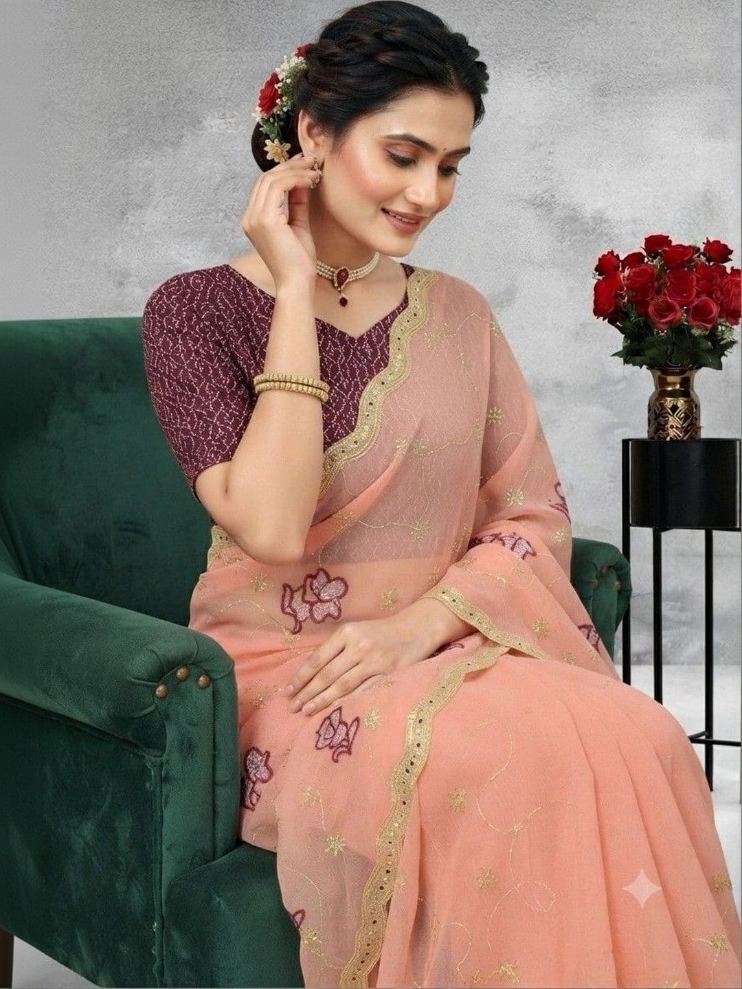 SmileyFashion Floral Embroidered Poly Georgette Saree thumbnail 2