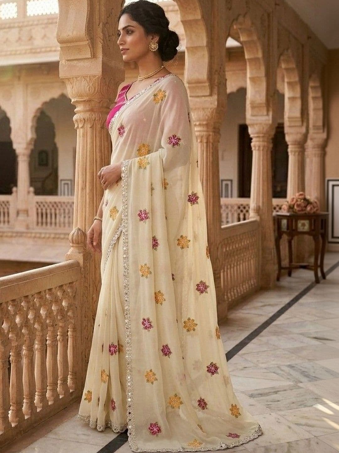 SmileyFashion Floral Embroidered Poly Chiffon Designer Saree - view 1