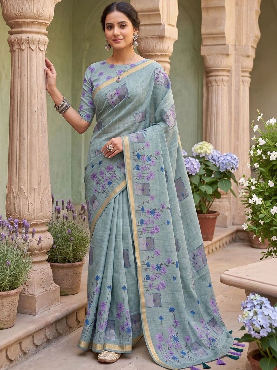 OLIVE SAGE Floral Linen Blend Tussar Saree thumbnail 5