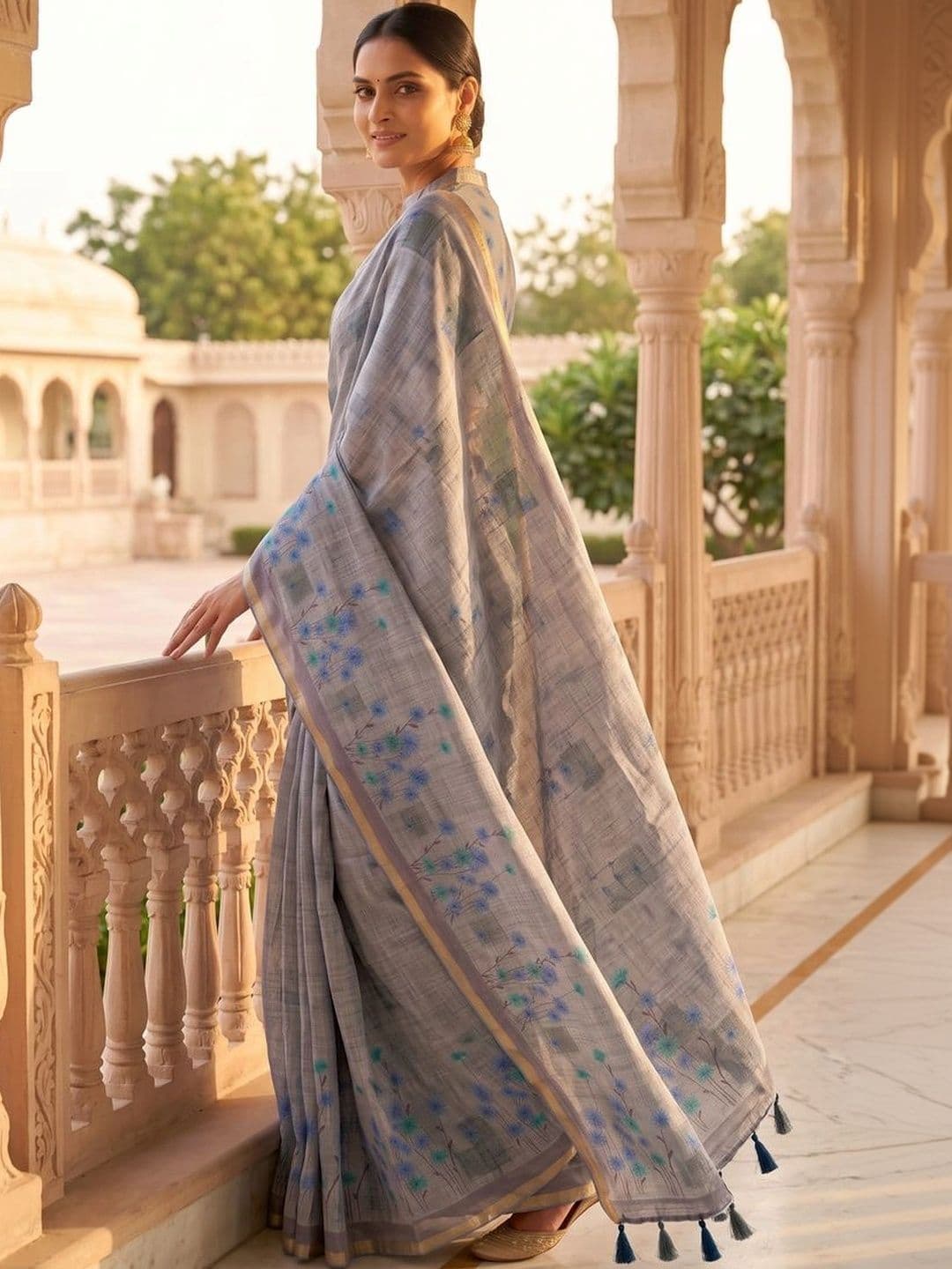 OLIVE SAGE Floral Linen Blend Tussar Saree thumbnail 2