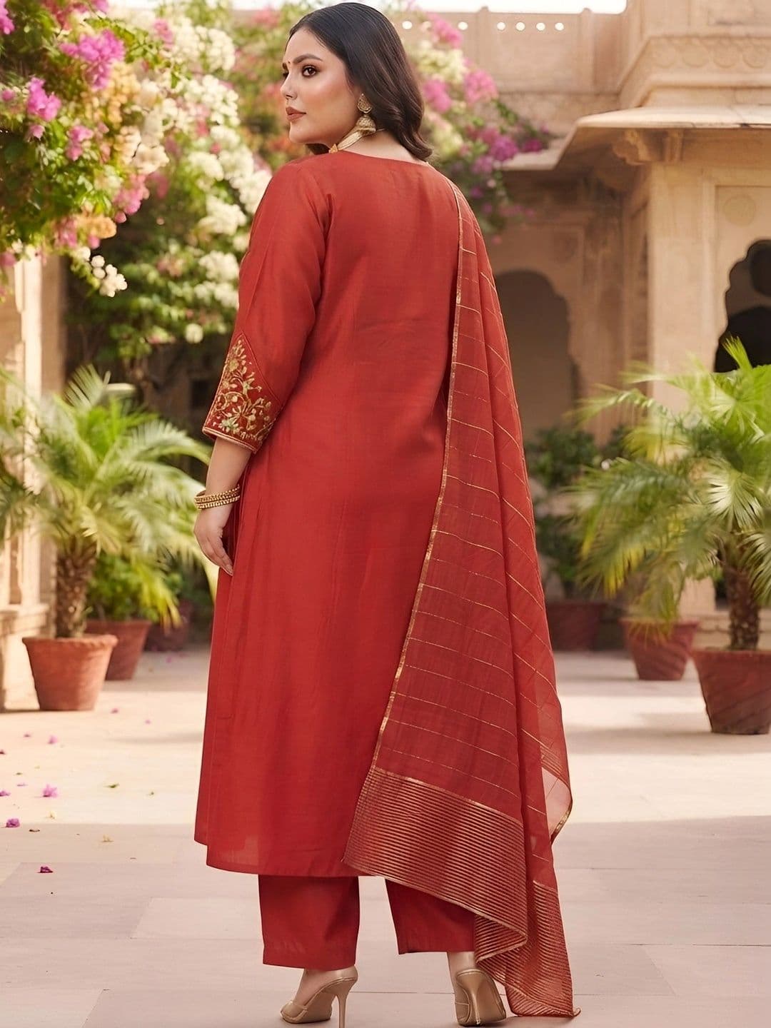 Nayo Women Ethnic Motifs Embroidered Pleated Gotta Patti Chanderi Silk Kurta with Trousers & With Dupatta thumbnail 3