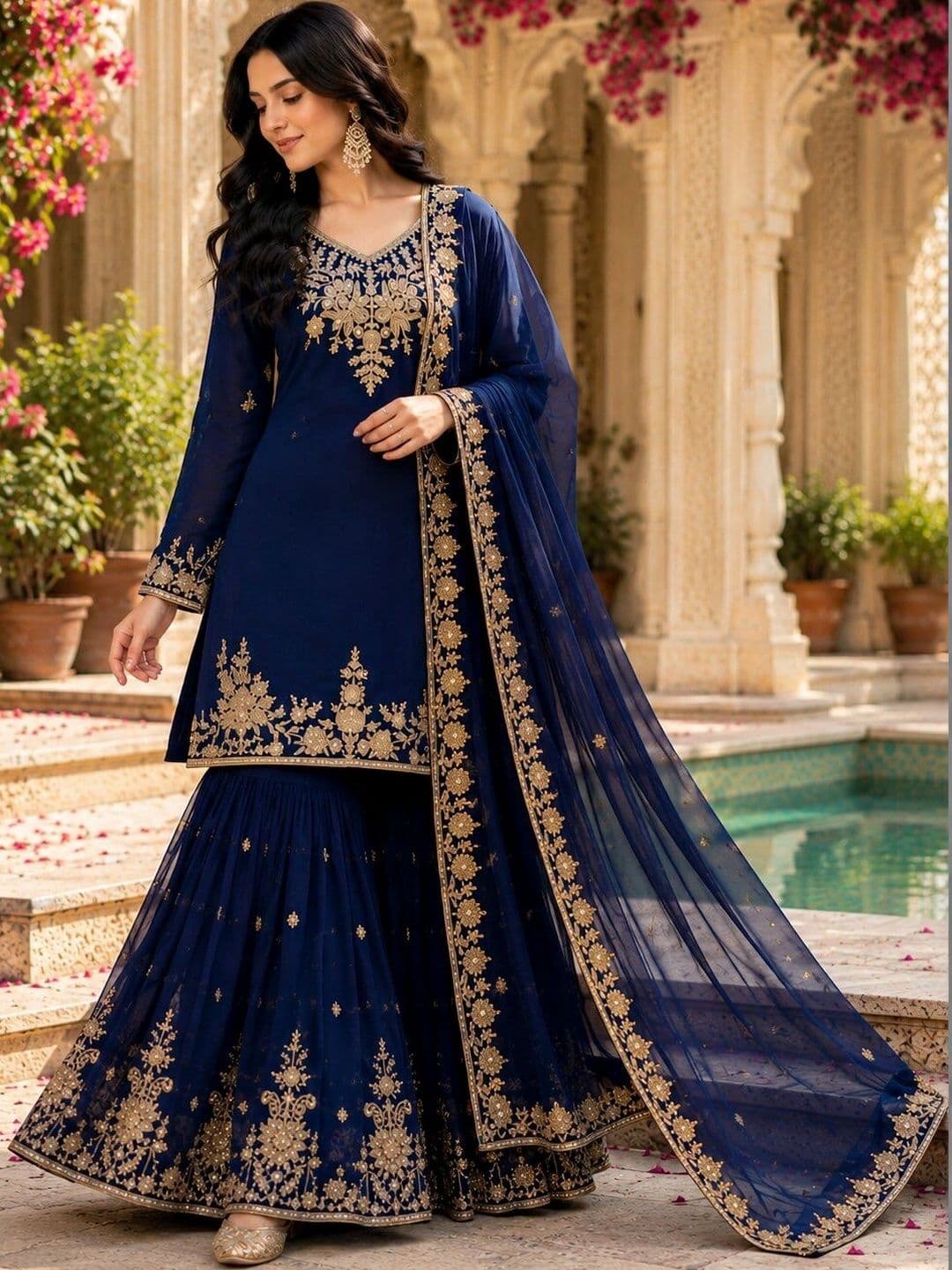 KALINI Women Ethnic Motifs Embroidered Regular Kurta with Sharara & With Dupatta thumbnail 2