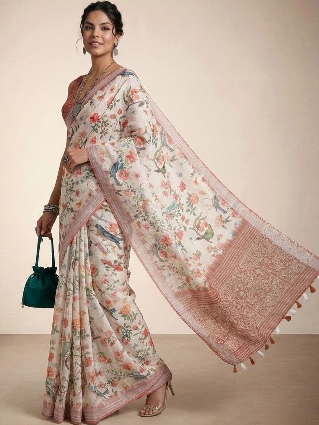 Anouk Floral Pure Linen Jamdani Saree thumbnail 5