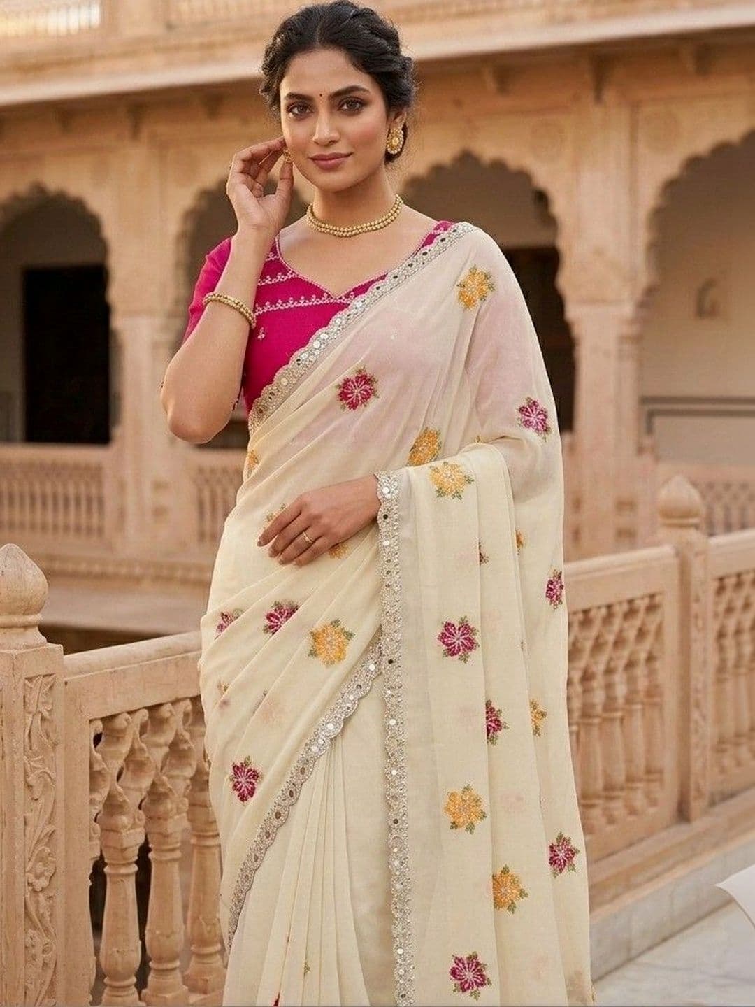 SmileyFashion Floral Embroidered Poly Chiffon Designer Saree thumbnail 2