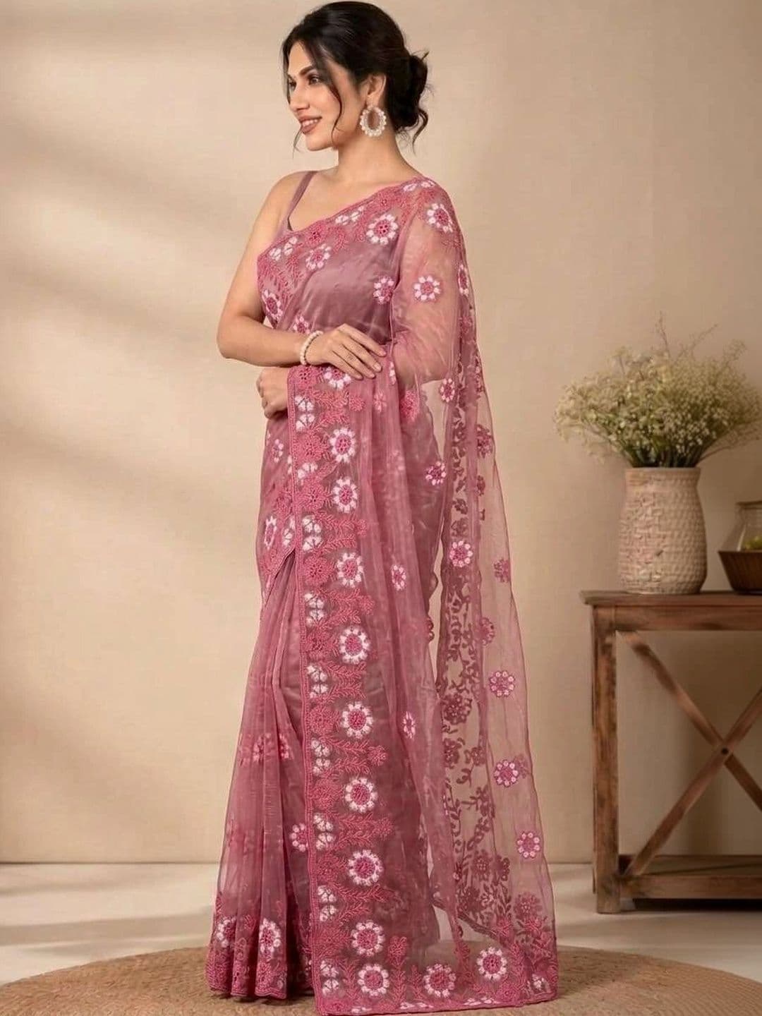 akhodalkrp Floral Embroidered Net Saree thumbnail 3