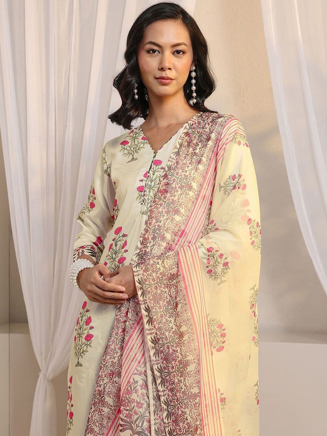 Libas Off White Floral Printed Chanderi Silk Straight Suit Set with Dupatta thumbnail 2