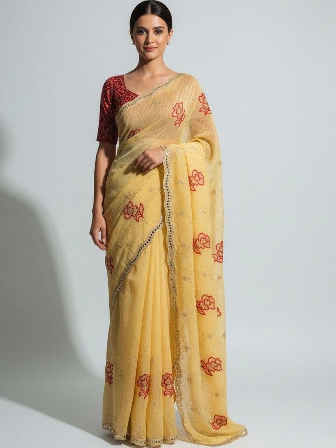 SmileyFashion Women Floral Printed Poly Georgette Saree thumbnail 4