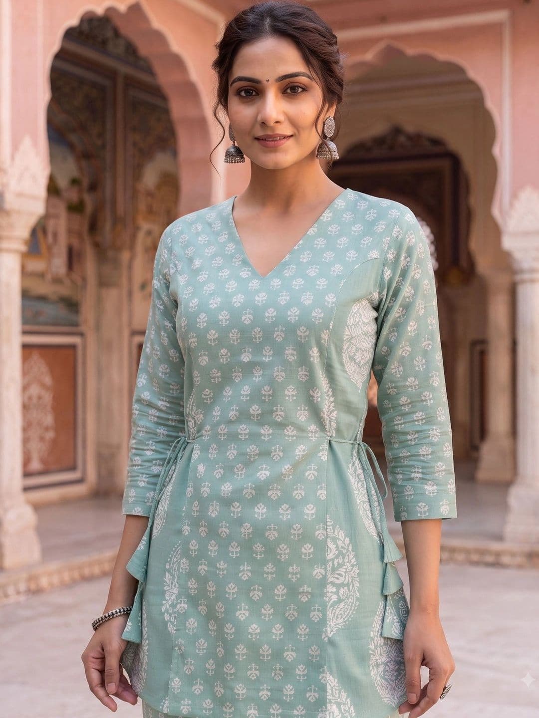 KALINI Women Ethnic Motifs Printed Angrakha Pure Cotton Kurti with Trousers thumbnail 4