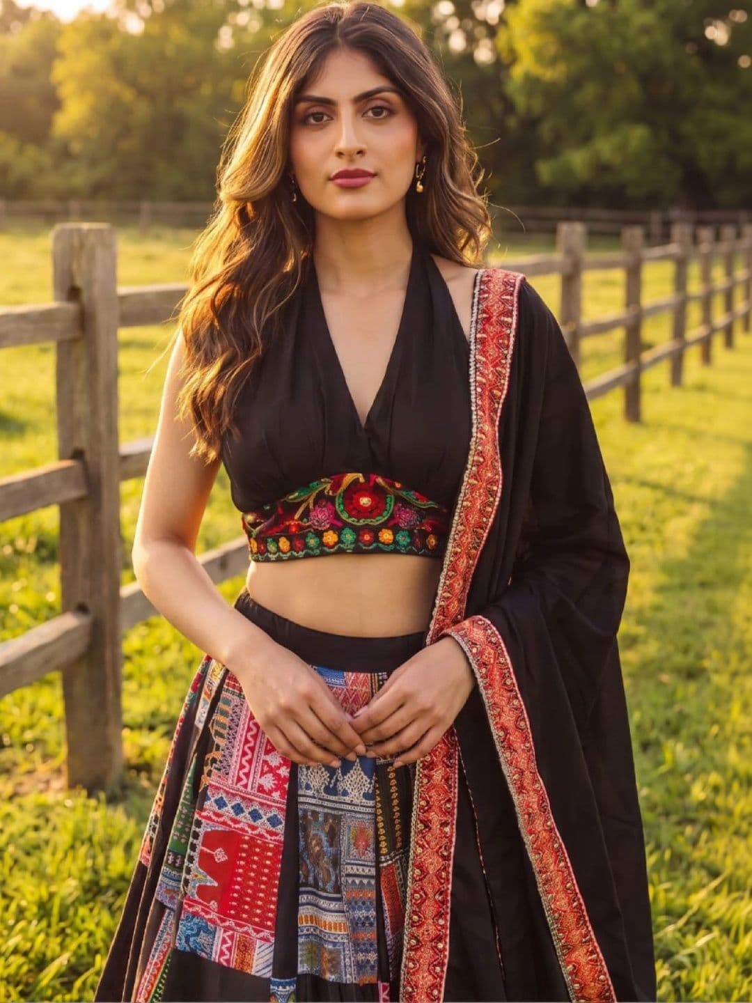 JIHU CULTURE Embroidered Thread Work Semi-Stitched Lehenga & Unstitched Blouse With Dupatta thumbnail 6