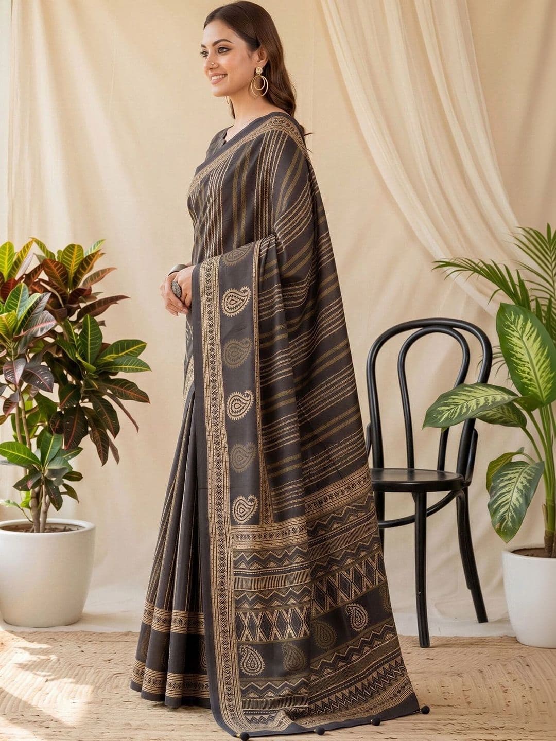 Anouk Striped Silk Blend Designer Block Print Saree thumbnail 7
